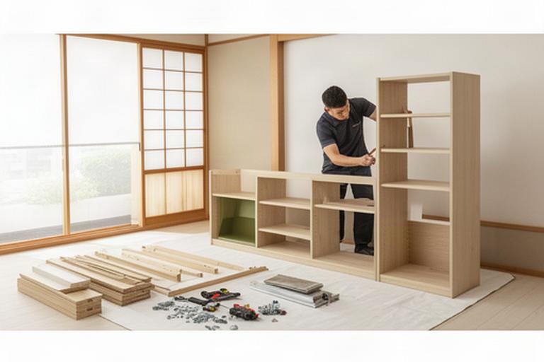 明るい住宅のリビングで家具を組み立てる作業員と設置前の収納家具