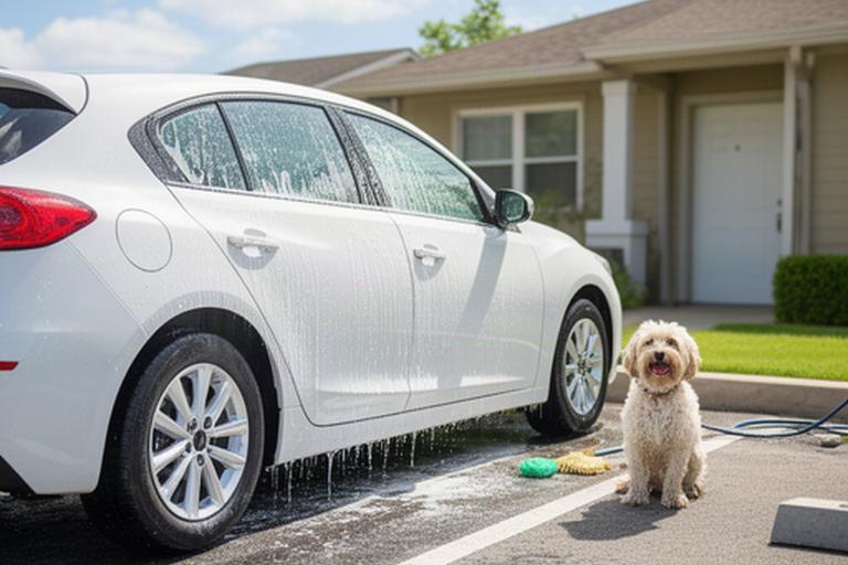明るい住宅の駐車場で手洗い洗車を受ける白い車と、そばで待つ小型犬
