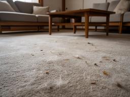 清掃前のカーペットにペットの毛と細かな汚れが残る室内