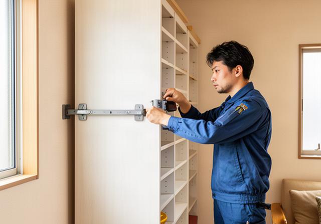 静岡市の住宅で大型収納家具に転倒防止金具を取り付ける作業員