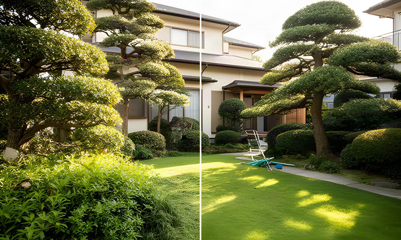 静岡市の戸建て住宅で整えられた庭木と芝生、剪定前後の違いがわかる庭の様子