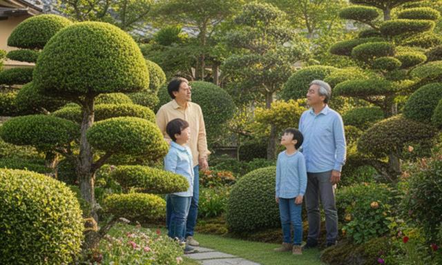 手入れされた庭で剪定後の植木を確認する家族