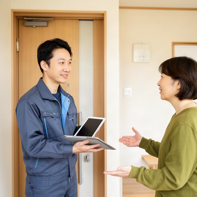静岡市の住宅を訪問し作業内容を確認するスタッフ