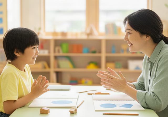 静岡市の明るい学習室で講師が小学生に英語を教えている様子