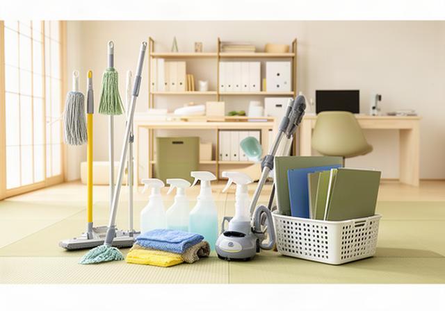 静岡市の明るい住宅で清掃道具と事務用品を整理しているサービス案内の情景
