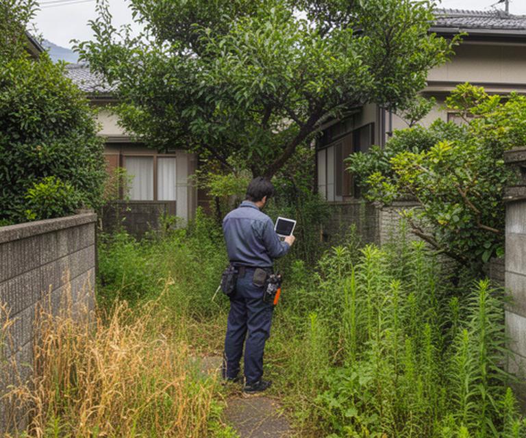 静岡市の空き家で庭木と雑草の状態を確認する定期巡回管理の現場